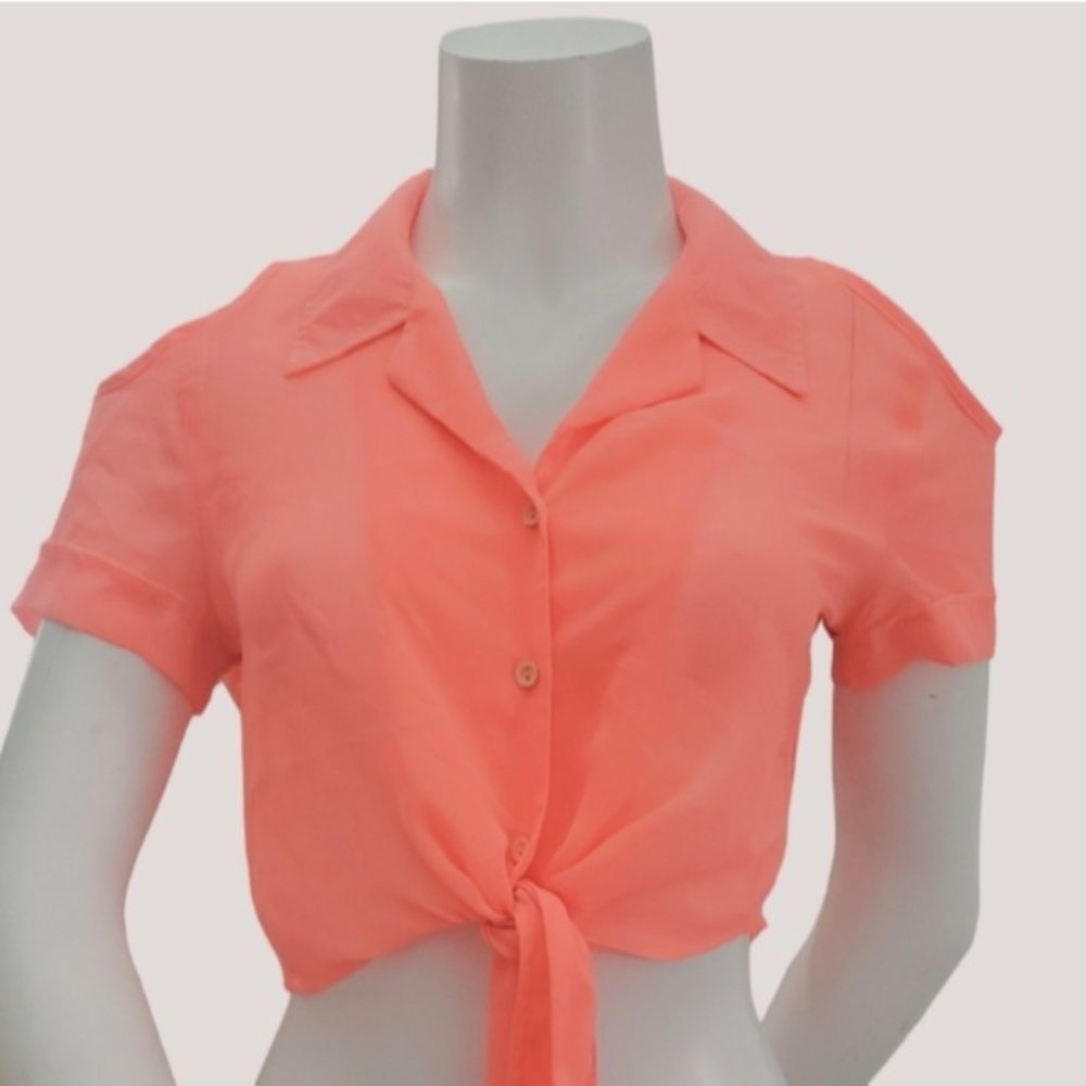 Vintage Y2K UK2LA Semi Sheer Tie Waist Cold Shoulder Crop Blouse